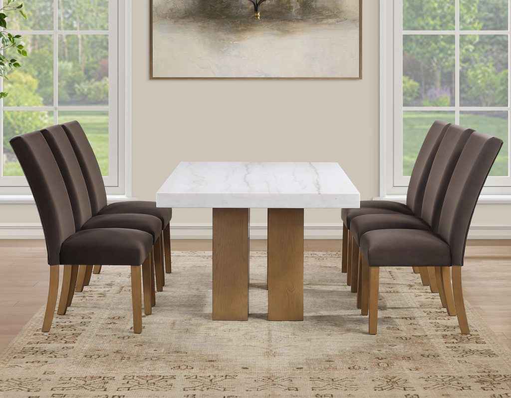 Artemis 70″ Rect White Marble Table, Tan Finish with 4 Brown Velvet Chairs by Steve Silver at Eve Furniture