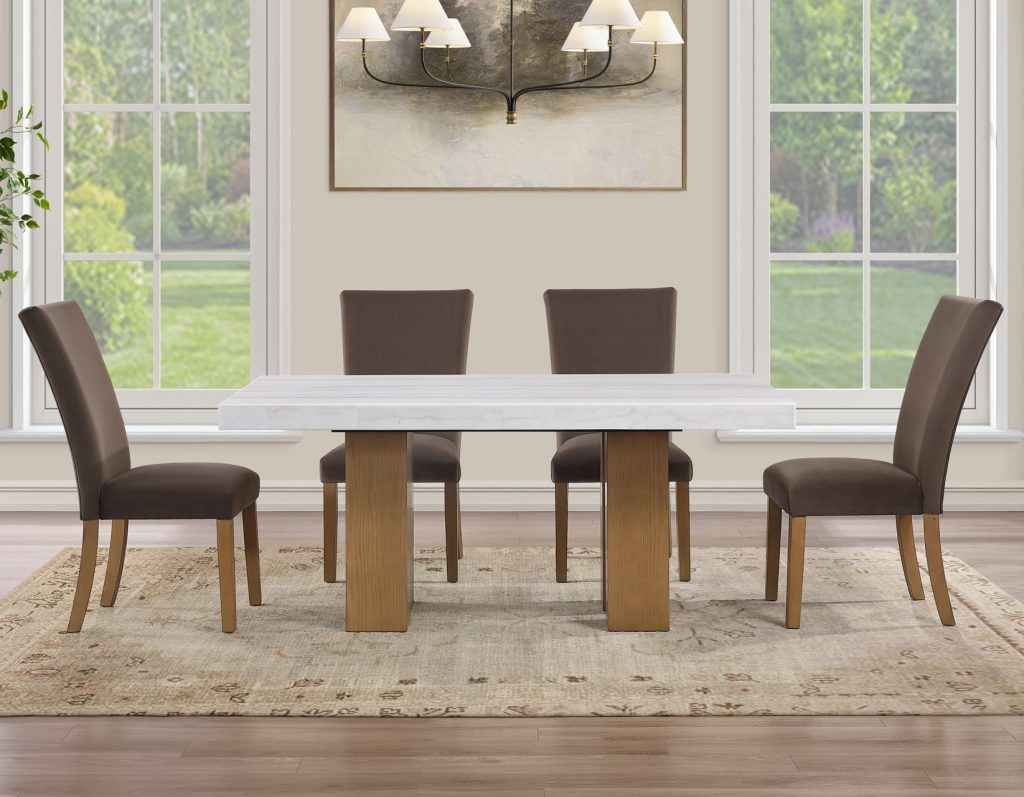 Artemis 70″ Rect White Marble Table, Tan Finish with 4 Brown Velvet Chairs by Steve Silver at Eve Furniture