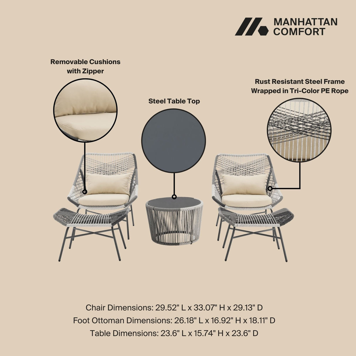 Ashland 3-Piece Patio Conversation Set with Foot Ottomans in Cream by Manhattan Comfort at Eve Furniture