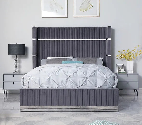 Aspen Grey Velvet King Platform Bed by New Era Innovations at Eve Furniture