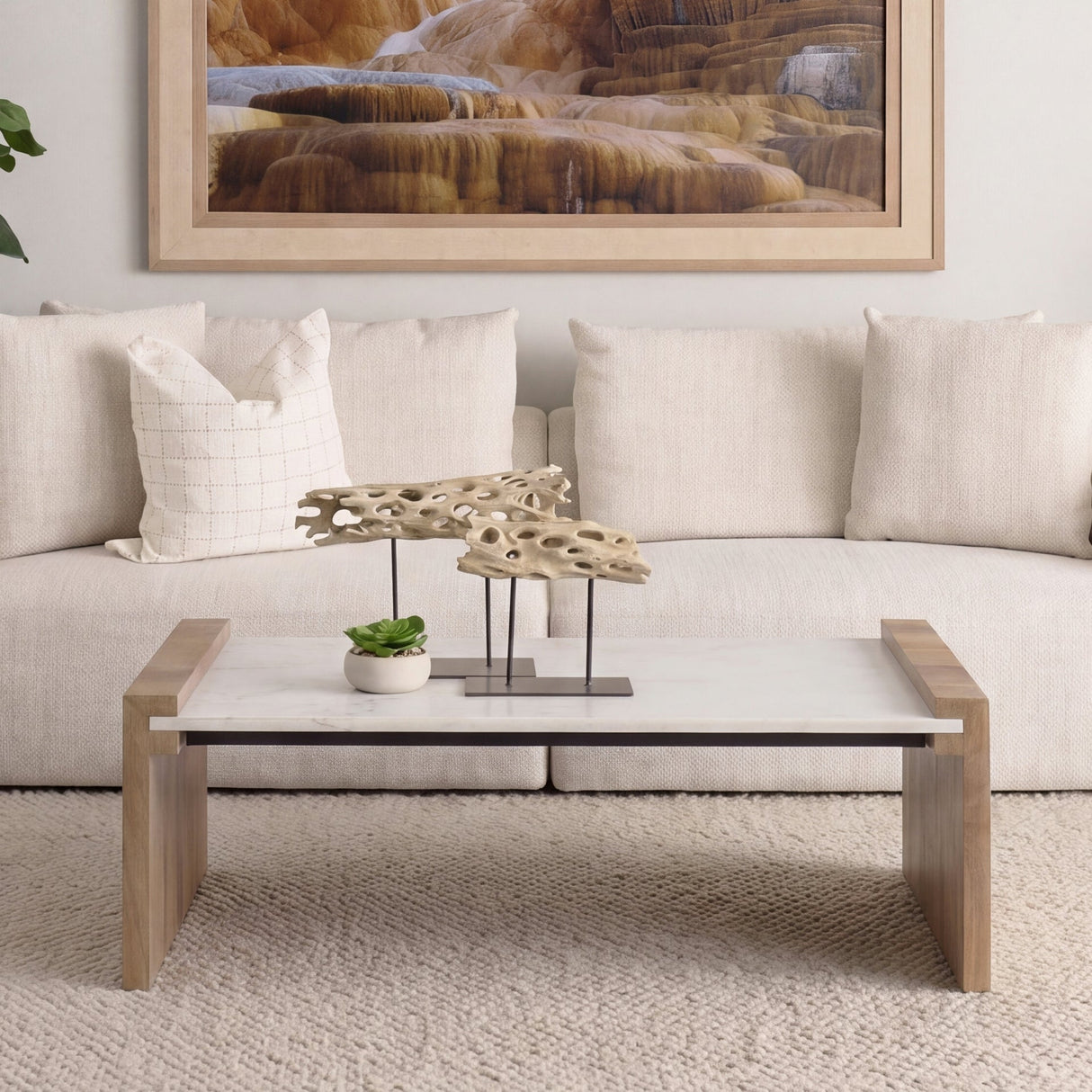 Athens 48.0L x 28.0W x 16.0H Light Brown Wood and White Marble Coffee Table by Mercana at Eve Furniture
