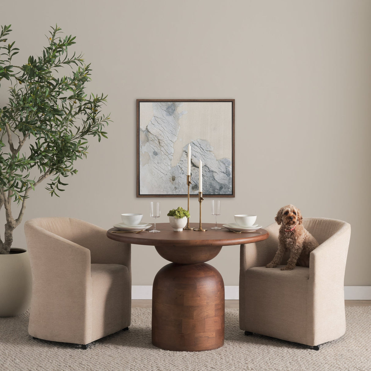 Atlas Warm Mid-Brown Wood Stacked Pedestal Base Round Dining Table by Mercana at Eve Furniture
