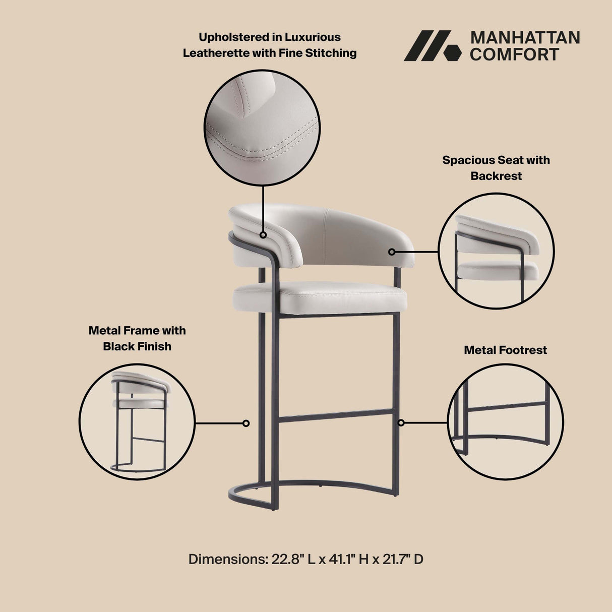 Augusta Barstool in Light Grey by Manhattan Comfort at Eve Furniture