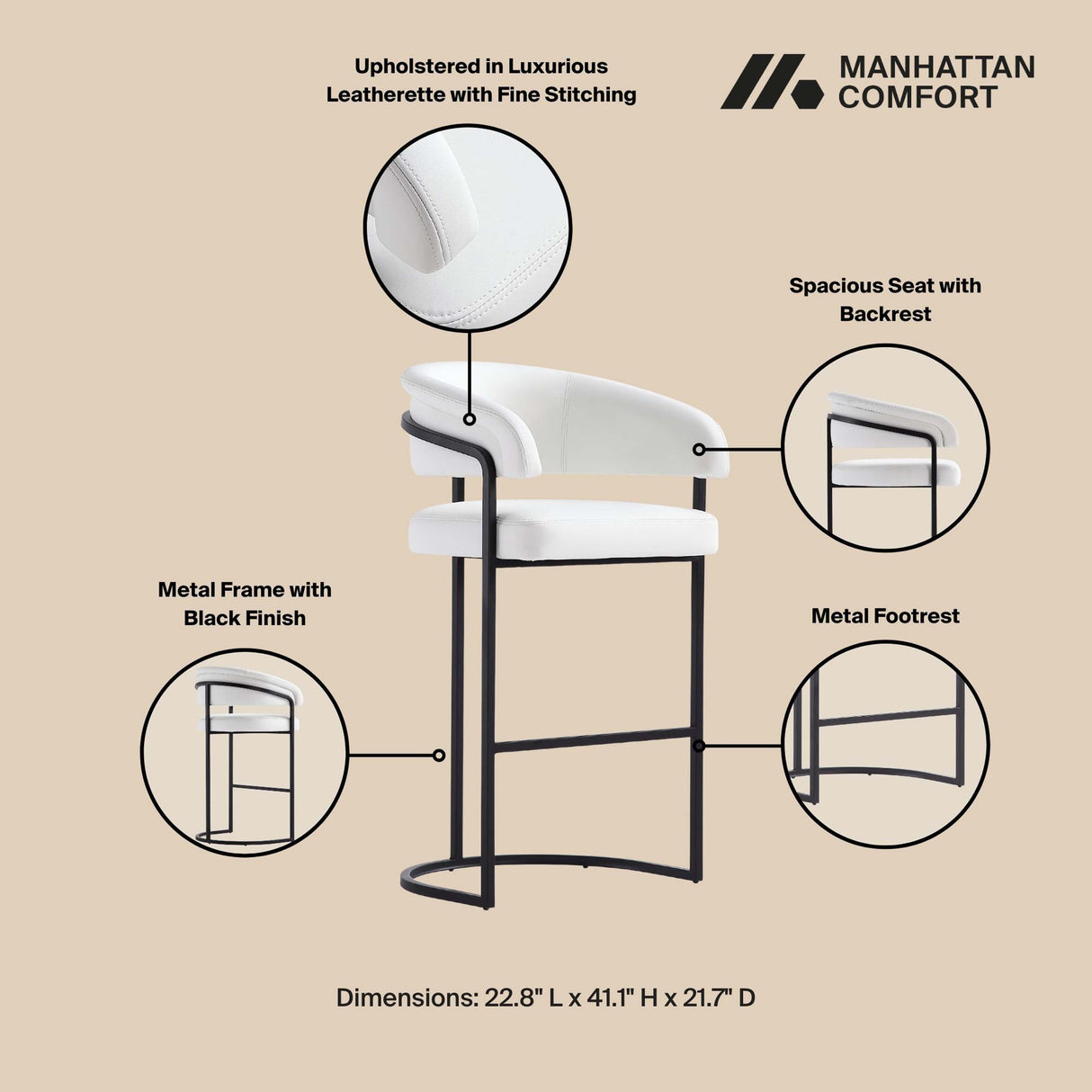 Augusta Barstool in White by Manhattan Comfort at Eve Furniture