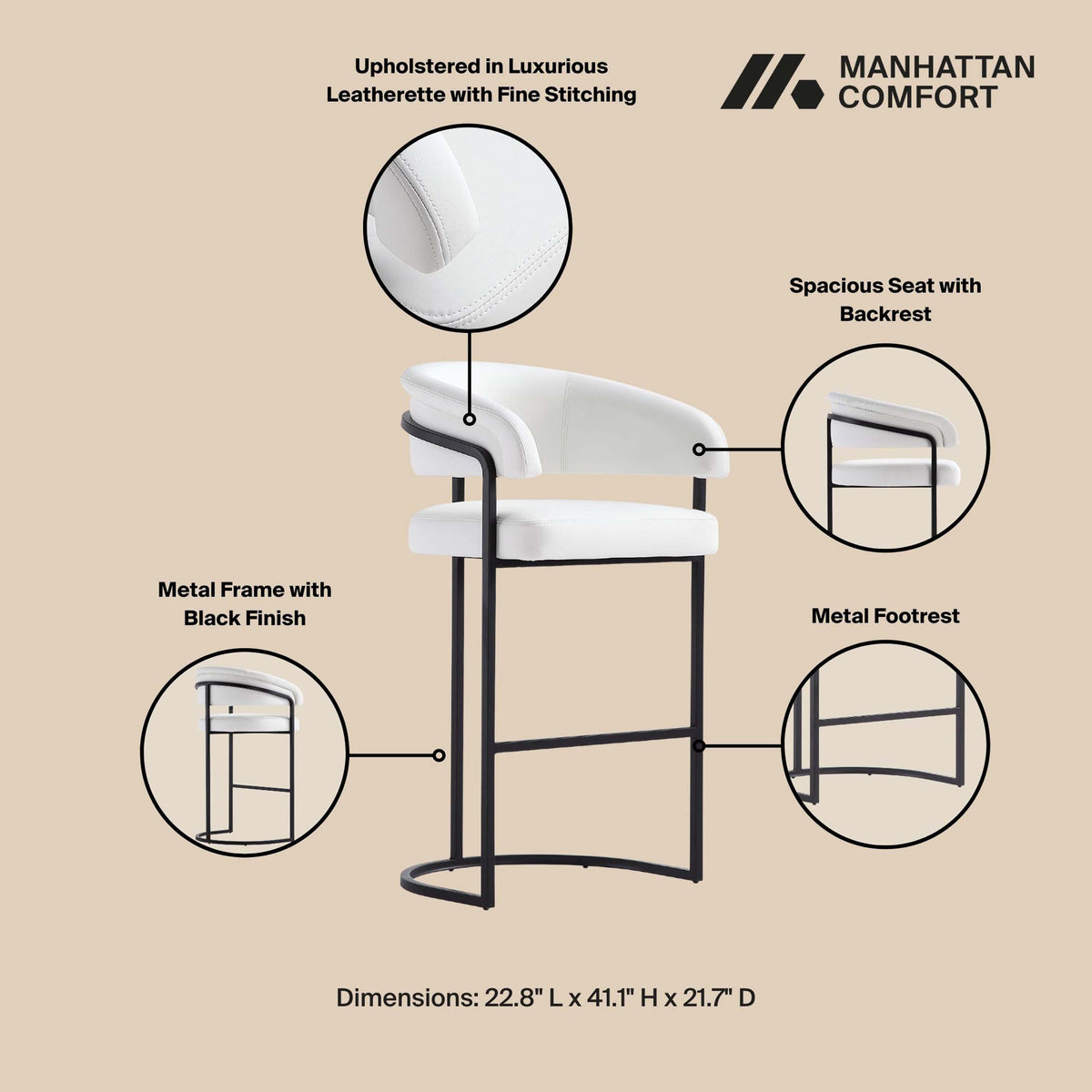 Augusta Barstool in White (set of 2) by Manhattan Comfort at Eve Furniture