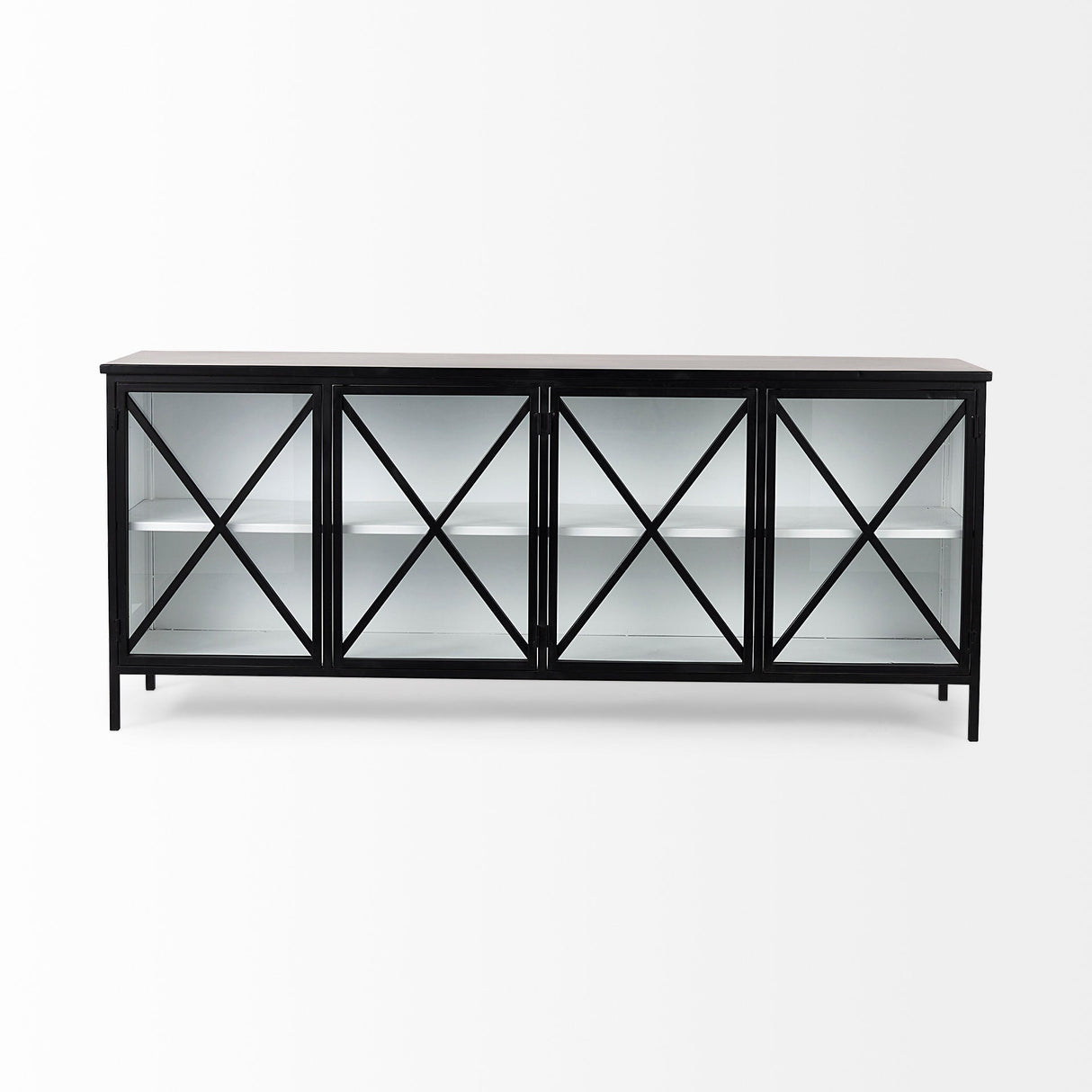 Aurelia 79.0L x 16.0W x 33.0H Black and White Metal Four Door Glass Cabinet by Mercana at Eve Furniture