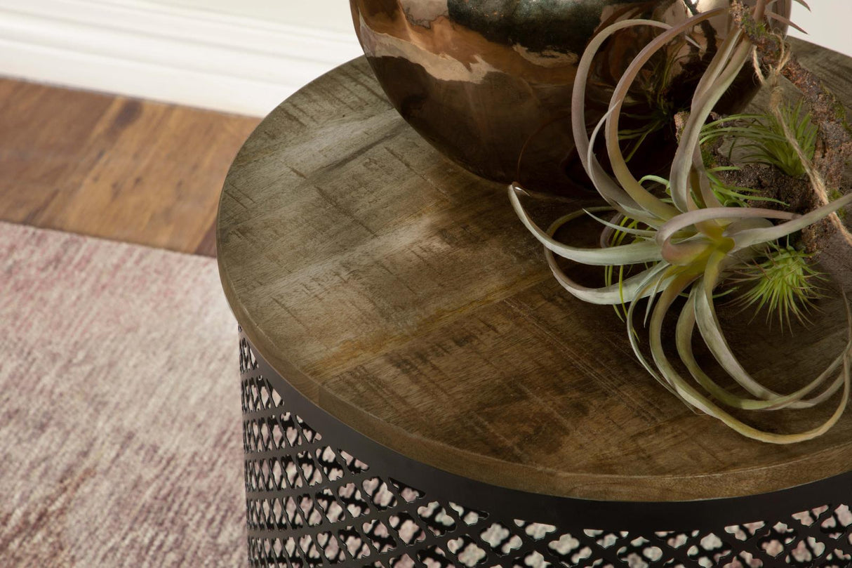 Aurora Natural/Black Round Accent Table with Drum Base by Coaster at Eve Furniture