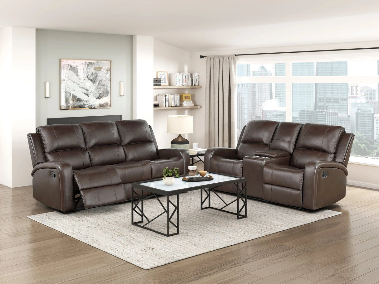 Austin Brown Genuine Leather Double Reclining Loveseat with Center Console by Homelegance at Eve Furniture