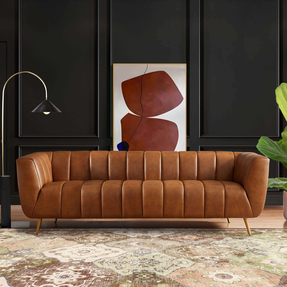 Ava Genuine Italian Cognac Leather Channel Tufted Sofa by Ashcroft Furniture at Eve Furniture