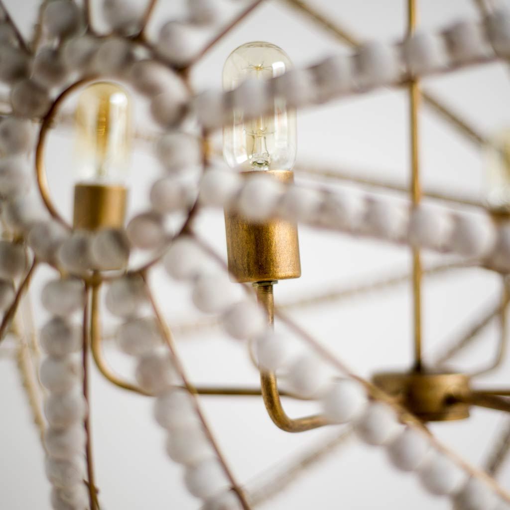 Ava White Gold Metal and White Wood Beaded Six Bulb Chandelier by Mercana at Eve Furniture