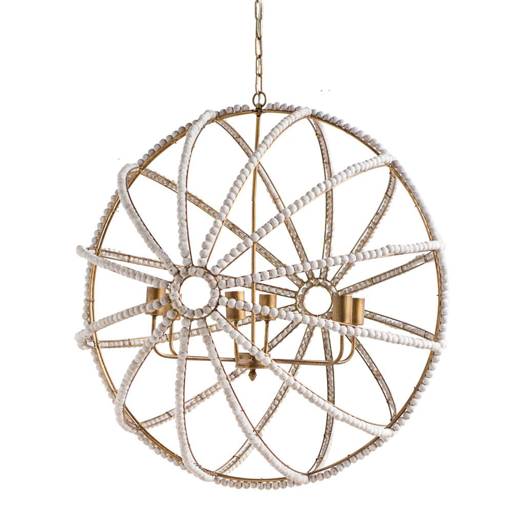 Ava White Gold Metal and White Wood Beaded Six Bulb Chandelier by Mercana at Eve Furniture
