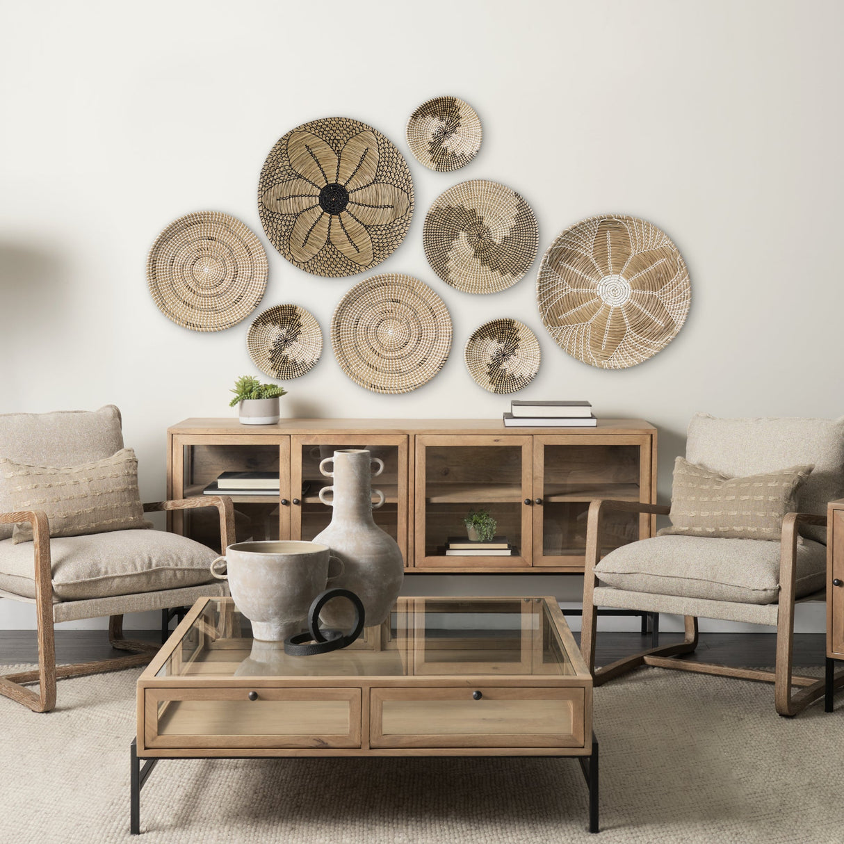 Avel Light Brown Seagrass W/Dark Brown String Round Wall Hanging Plate by Mercana at Eve Furniture