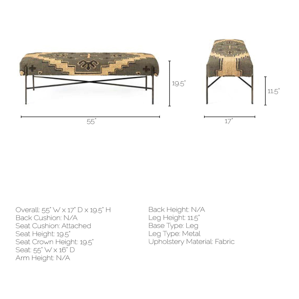 Avery I Multi Colored Upholstered Patterned Seat Accent Bench by Mercana at Eve Furniture