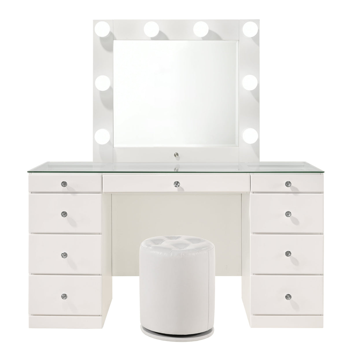 Avery White Vanity Set w/LED Mirror & Stool