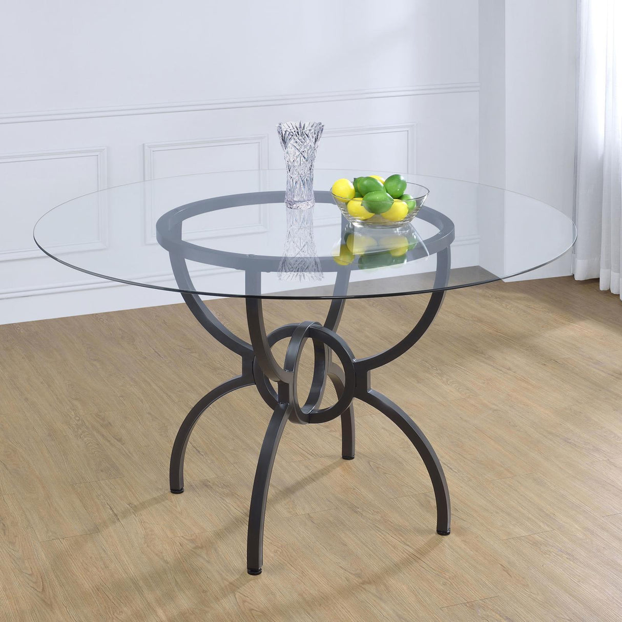 Aviano Clear and Gunmetal 48" Round Glass Top Dining Table by Coaster at Eve Furniture