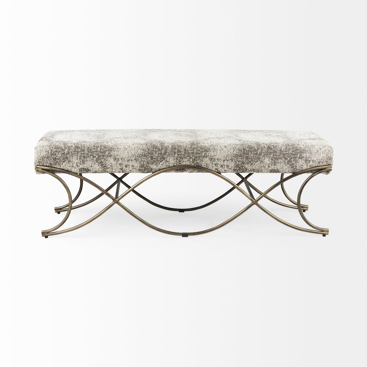 Ayla Light and Dark Gray Fabric Seat W/ Antique Gold Metal Frame Bench by Mercana at Eve Furniture
