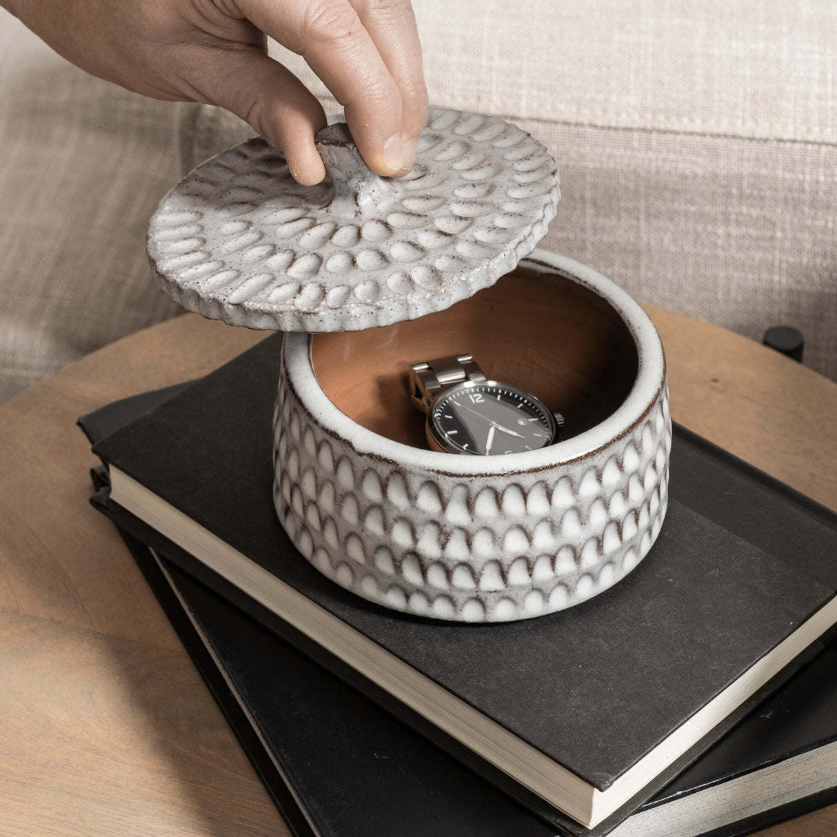 Azul (Small) Gray Ceramic Detailed Decorative Box by Mercana at Eve Furniture