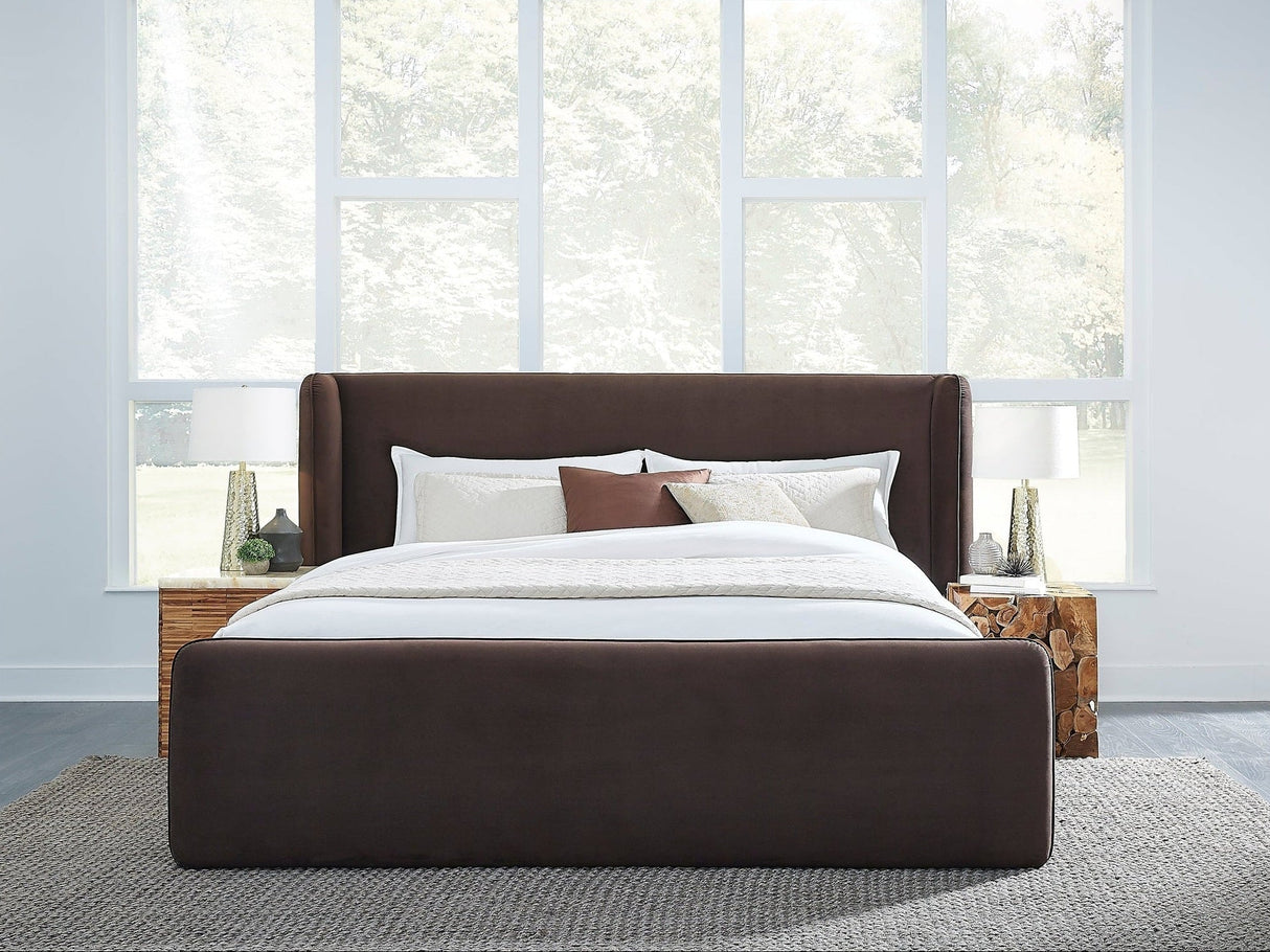 Bacall Velvet Eastern King Upholstered Wingback Platform Bed in Cola by Modus Furniture at Eve Furniture