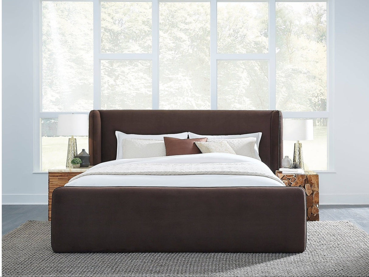 Bacall Velvet Full Upholstered Wingback Platform Bed in Cola by Modus Furniture at Eve Furniture
