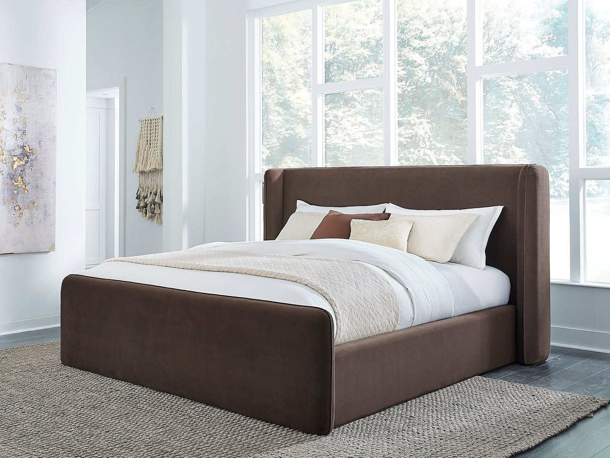 Bacall Velvet Queen Upholstered Wingback Platform Bed in Cola by Modus Furniture at Eve Furniture