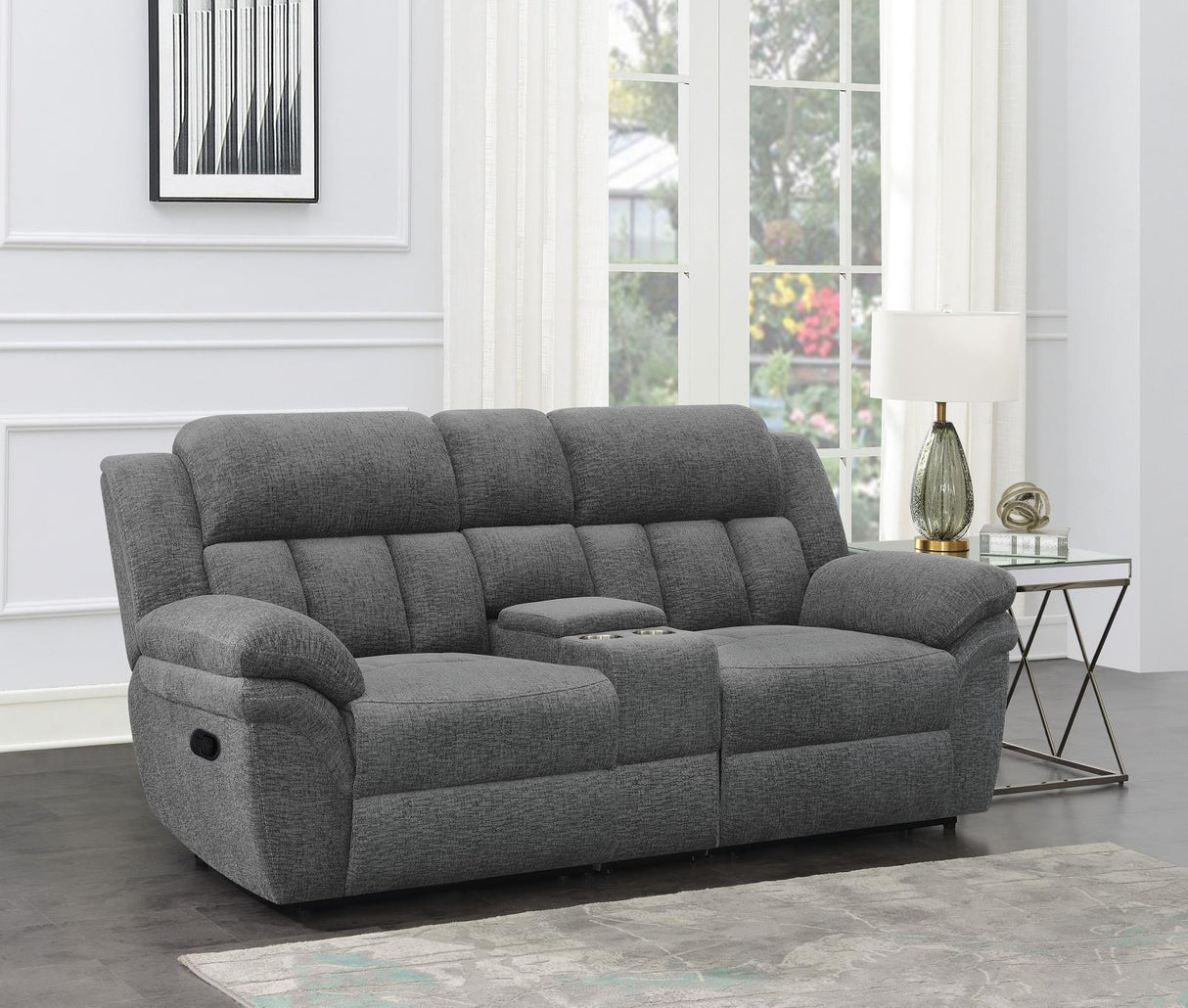 Bahrain Charcoal Upholstered Motion Loveseat with Console by Coaster at Eve Furniture