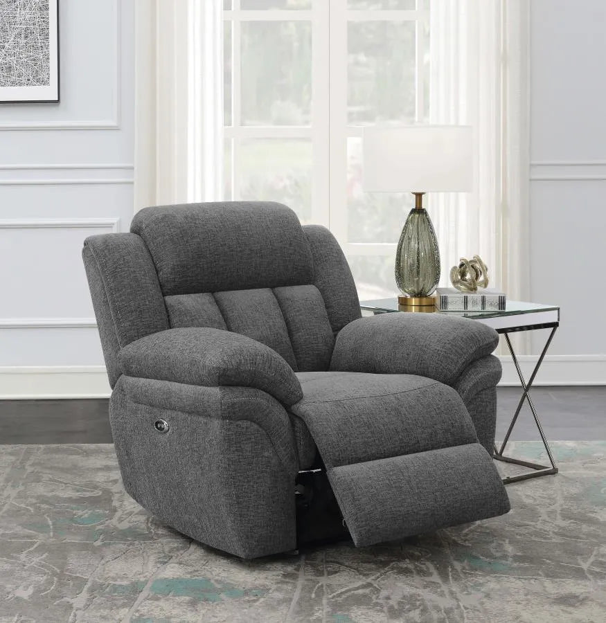 Bahrain Charcoal Upholstered Power Glider Recliner by Coaster at Eve Furniture
