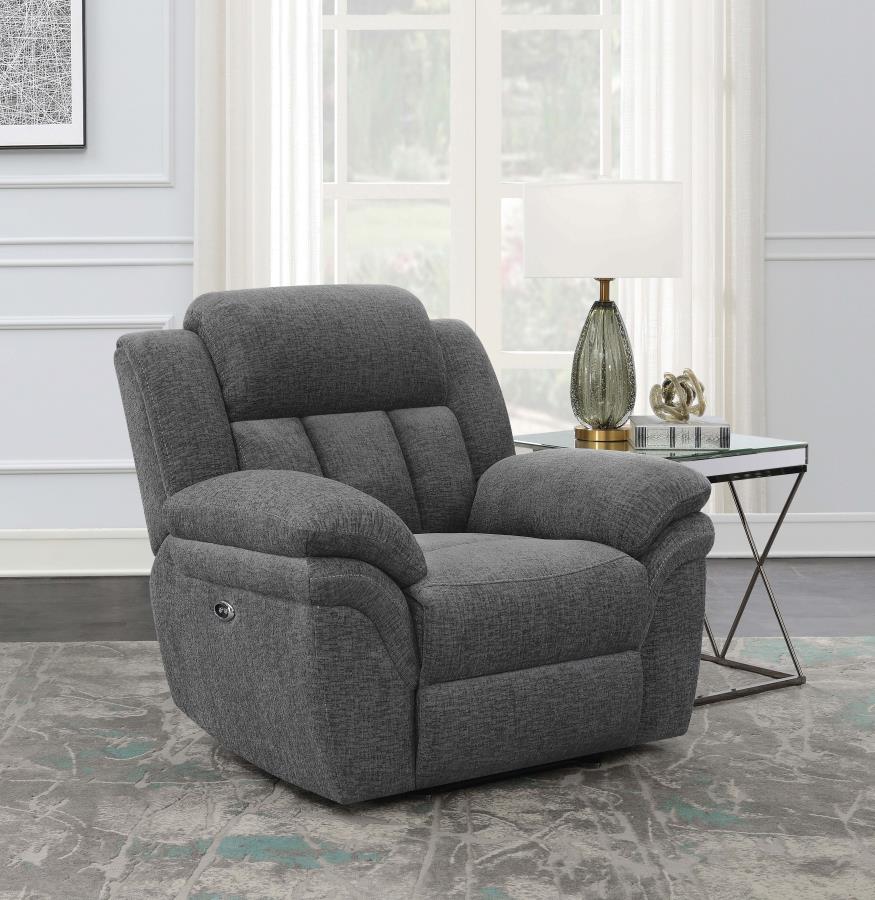 Bahrain Charcoal Upholstered Power Glider Recliner by Coaster at Eve Furniture