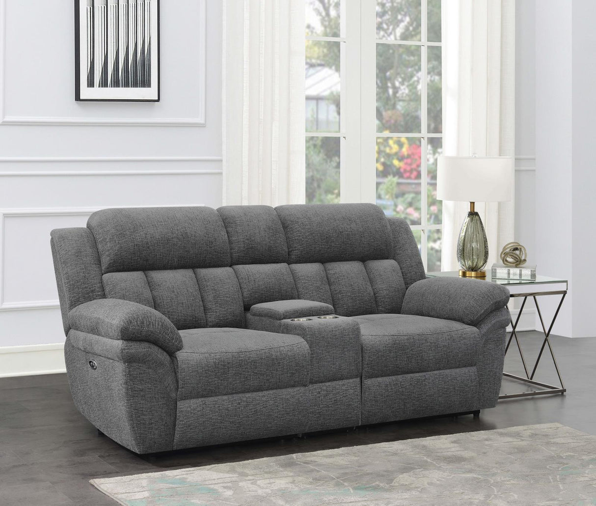 Bahrain Charcoal Upholstered Power Loveseat with Console by Coaster at Eve Furniture