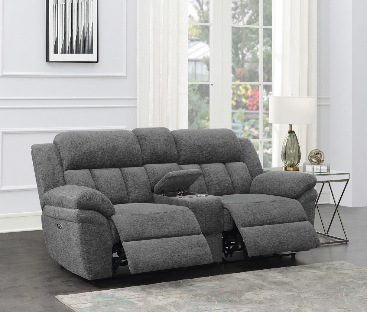 Bahrain Charcoal Upholstered Power Loveseat with Console by Coaster at Eve Furniture