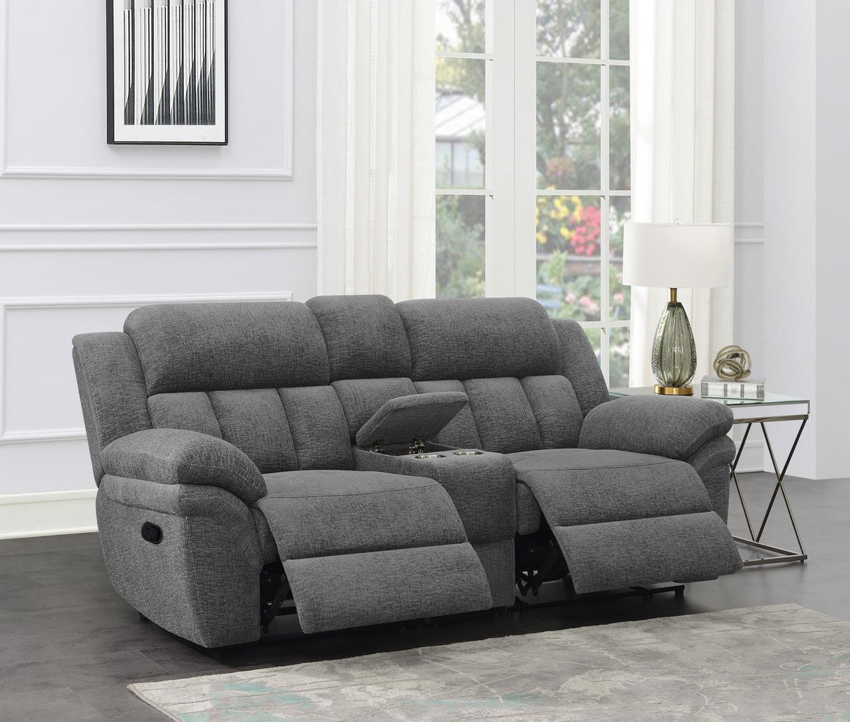Bahrain Charcoal Upholstered Motion Loveseat with Console by Coaster at Eve Furniture