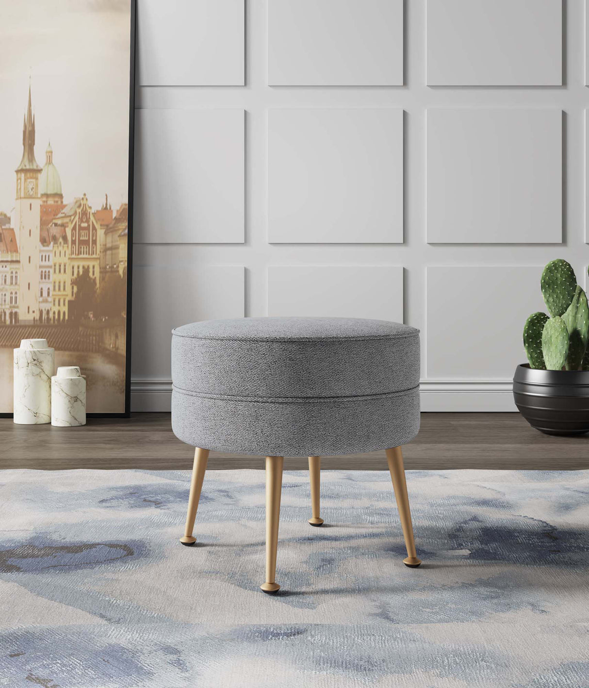 Bailey Ottoman in Grey with Gold Feet by Manhattan Comfort at Eve Furniture