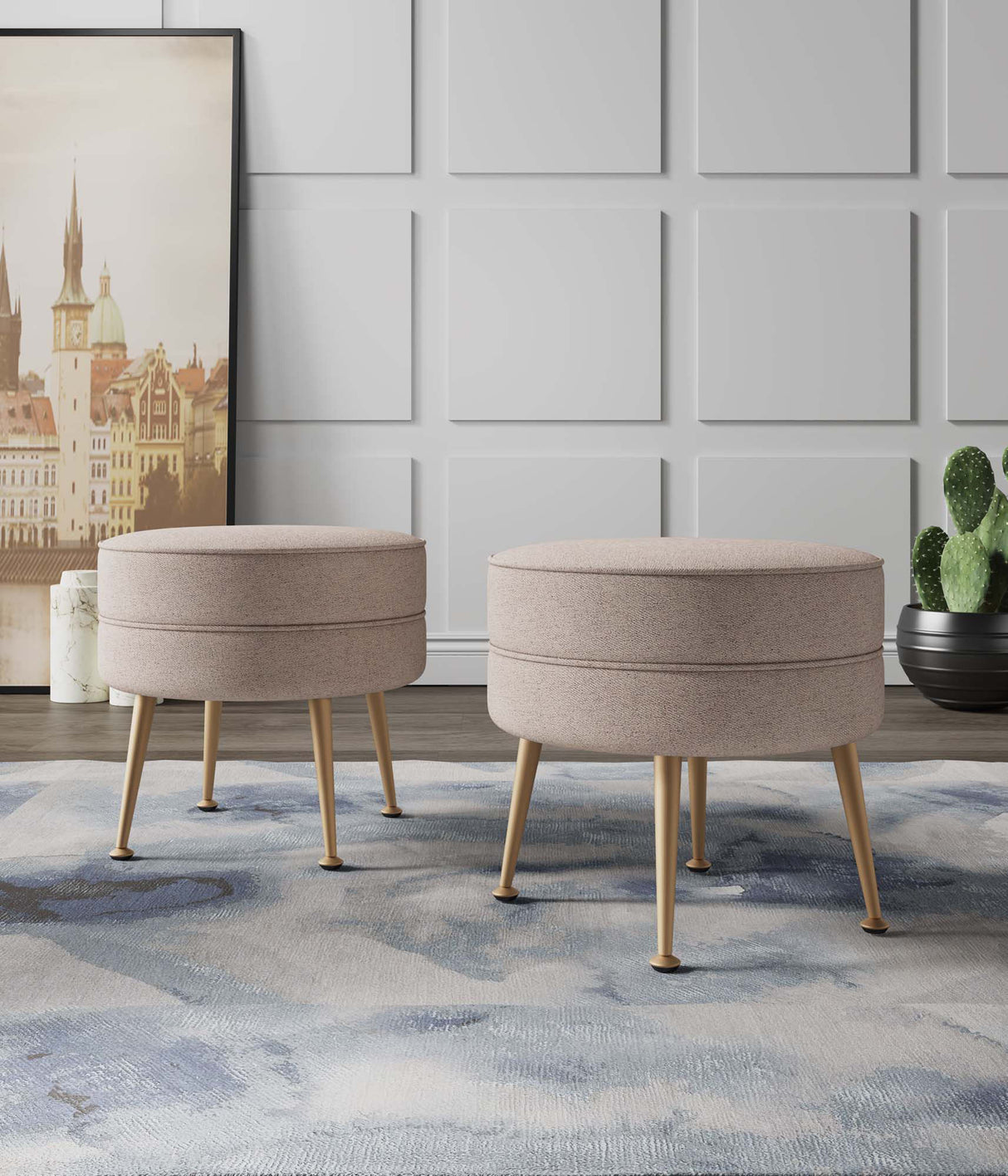 Bailey Ottoman in Oatmeal with Gold Feet (set of 2) by Manhattan Comfort at Eve Furniture