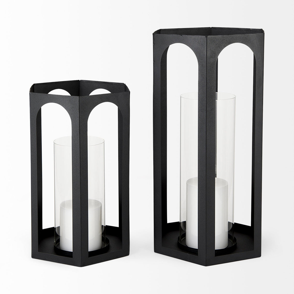 Balley Set of Two Matte Black Metal Hexagonal Candle Holder Lanterns by Mercana at Eve Furniture