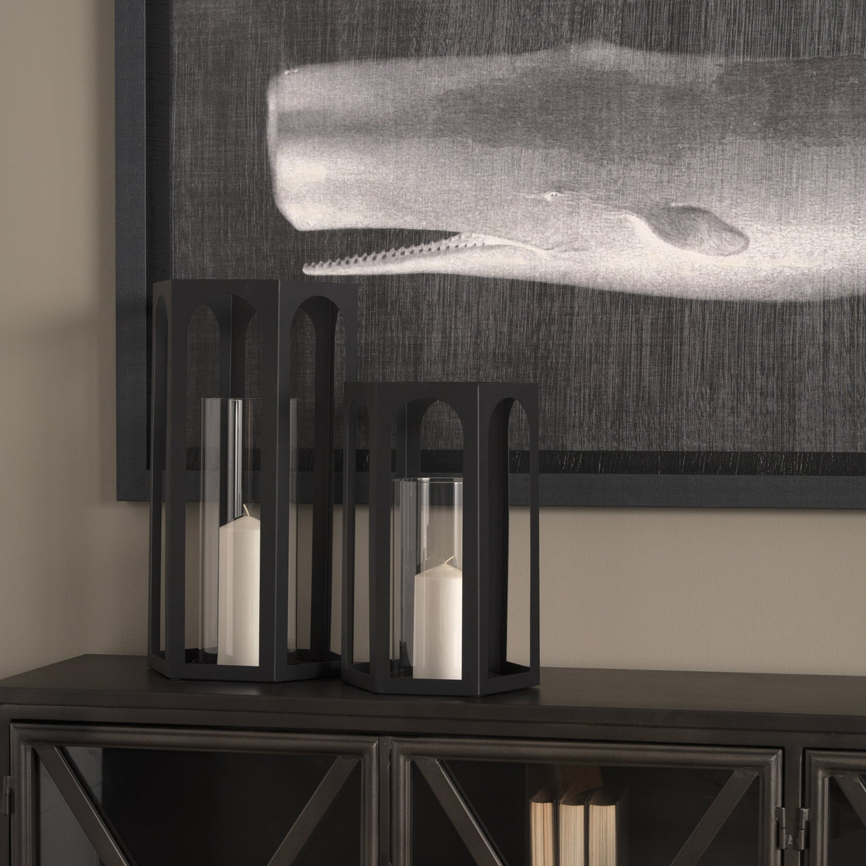 Balley Set of Two Matte Black Metal Hexagonal Candle Holder Lanterns by Mercana at Eve Furniture