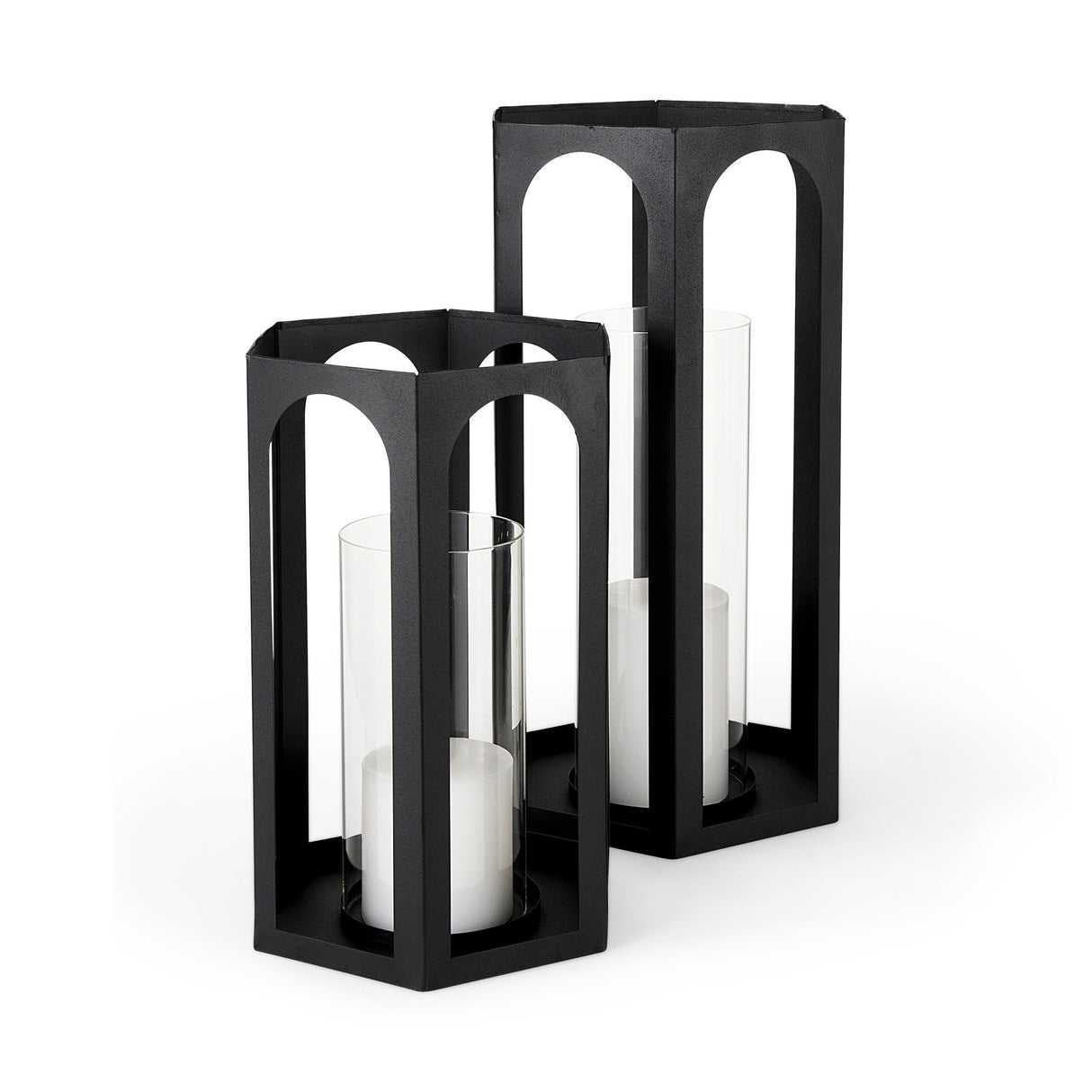 Balley Set of Two Matte Black Metal Hexagonal Candle Holder Lanterns by Mercana at Eve Furniture