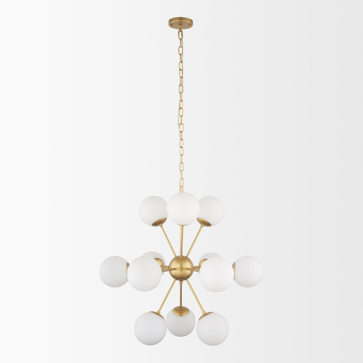 Barbara Brushed Gold Metal w/ Frosted Glass Globes 11-Light Chandelier by Mercana at Eve Furniture