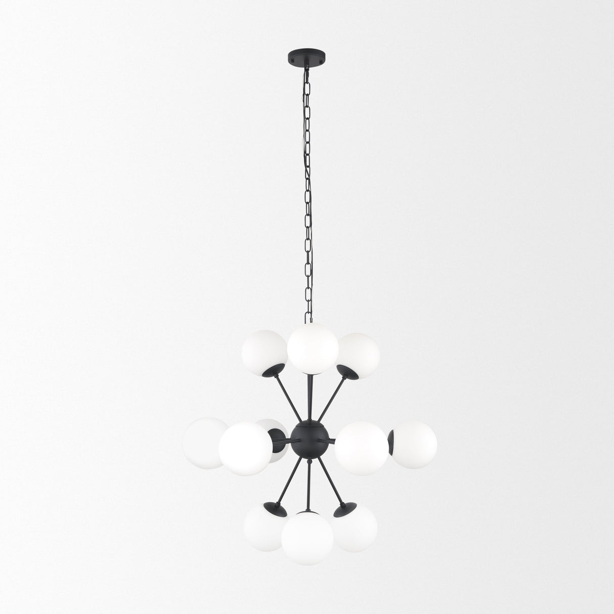 Barbara Matte Black Metal w/ Frosted Glass Globes 11-Light Chandelier by Mercana at Eve Furniture
