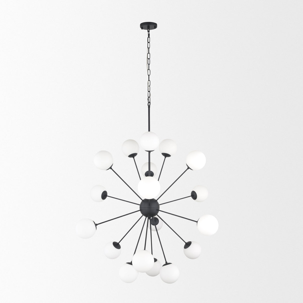 Barbara Matte Black Metal w/ Frosted Glass Globes 18-Light Chandelier by Mercana at Eve Furniture