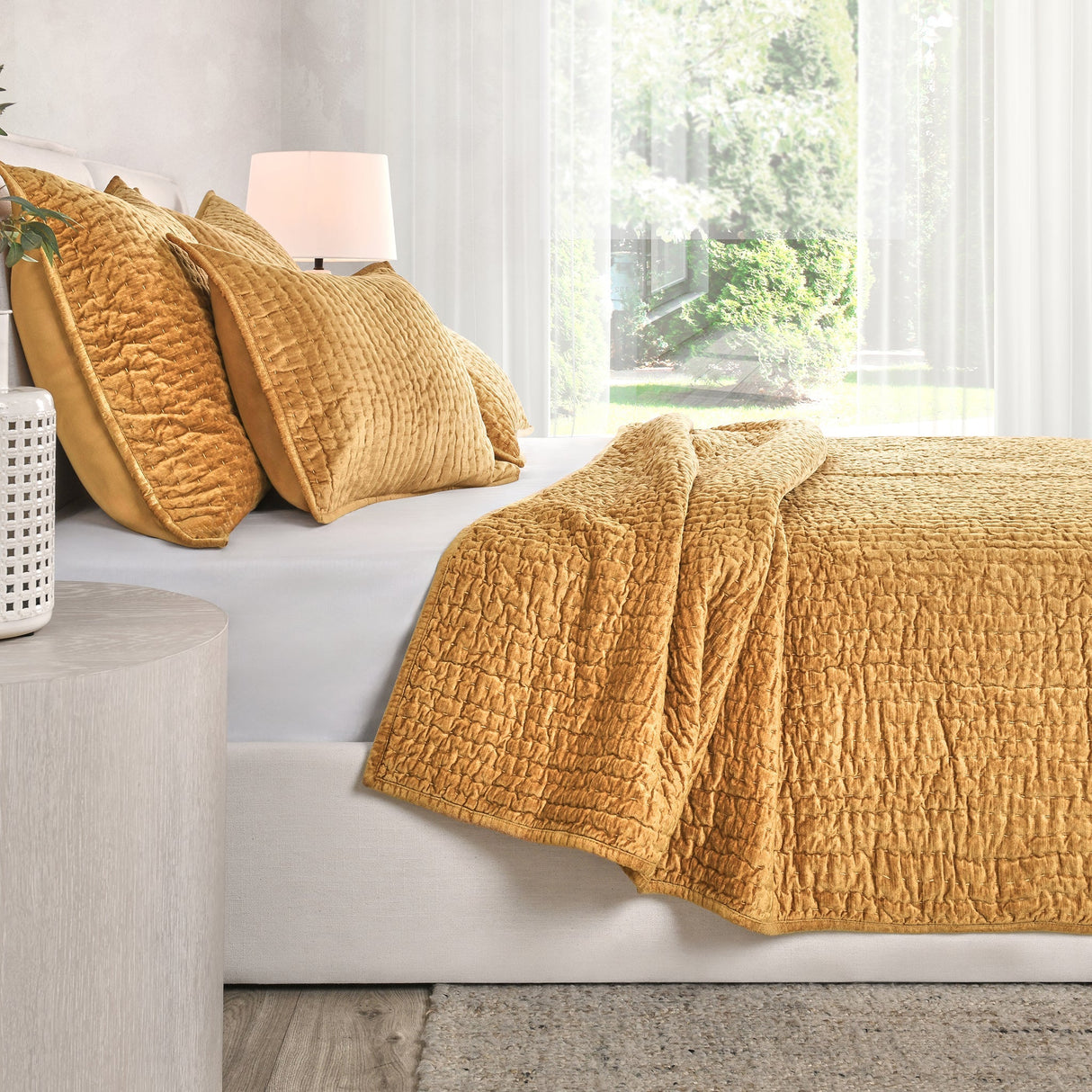 Bari Honey Gold Velvet Quilt Collection by Classic Home at Eve Furniture