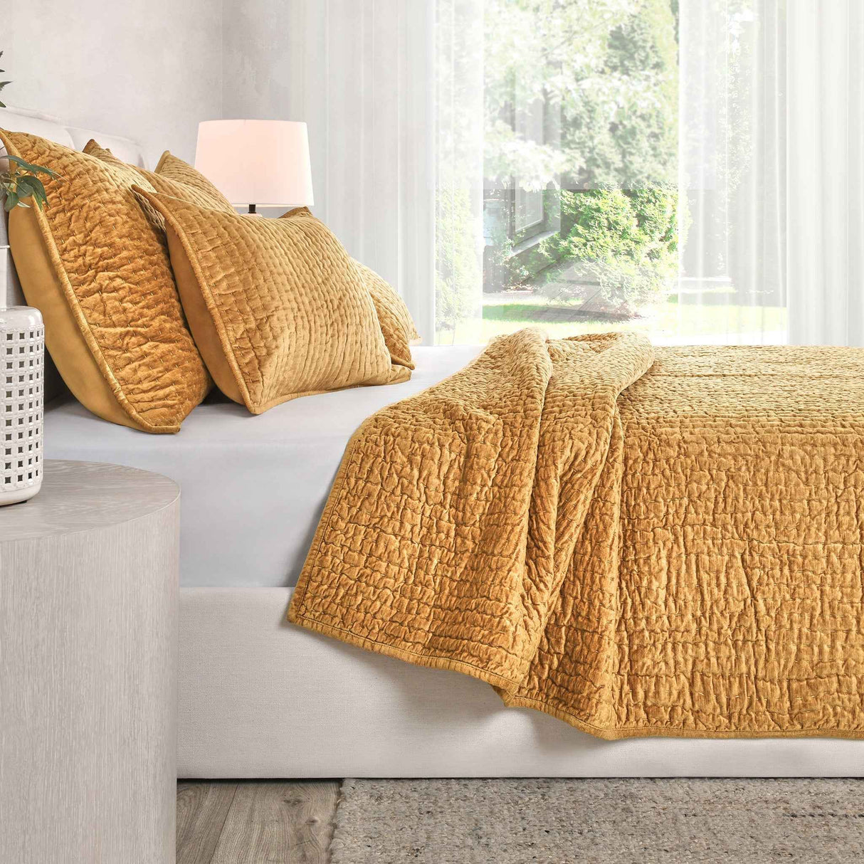 Bari Honey Gold Velvet Quilt Collection by Classic Home at Eve Furniture