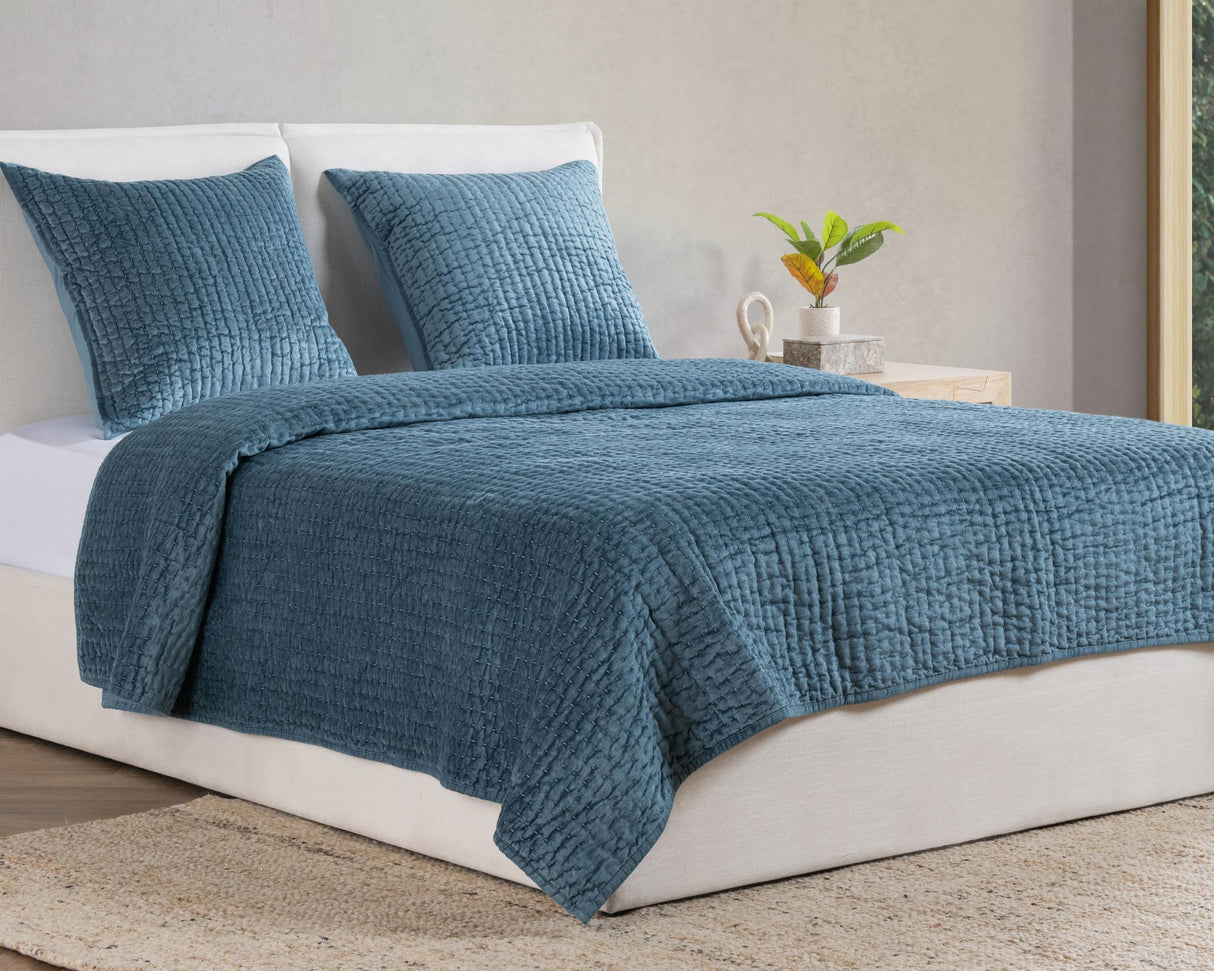 Bari Stone Blue Velvet Quilt Collection by Classic Home at Eve Furniture
