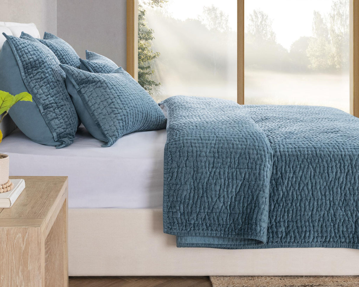 Bari Stone Blue Velvet Quilt Collection by Classic Home at Eve Furniture