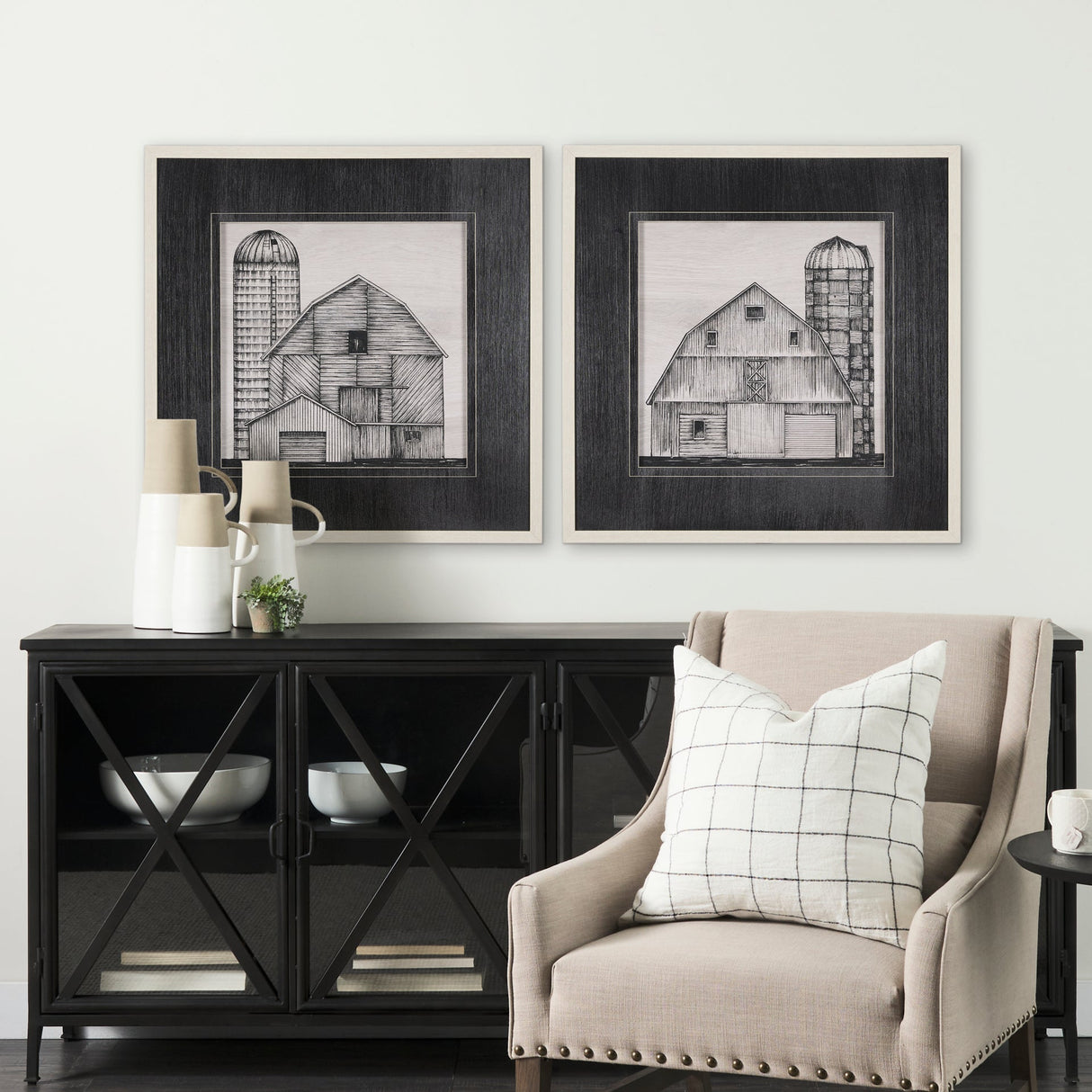 Barn Buildings II by Mercana Studio a Hand Embellished Textured Framed Art Print Matted under Glass by Mercana at Eve Furniture