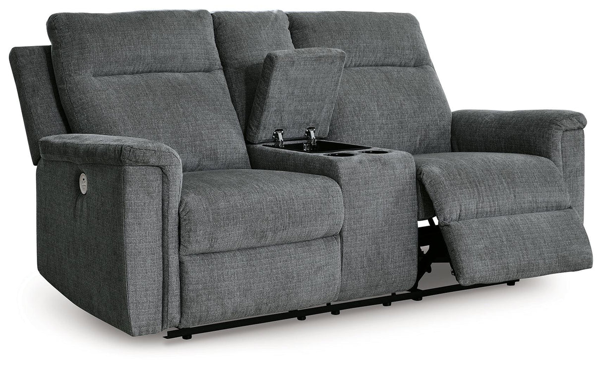 Barnsana Gravel Power Reclining Loveseat with Console by Ashley at Eve Furniture