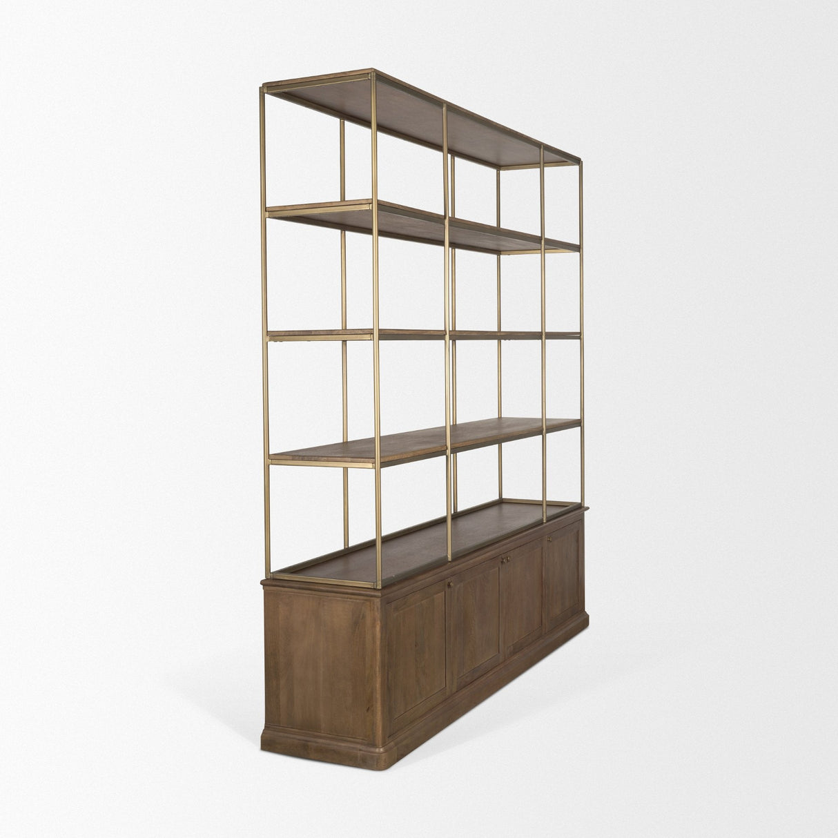 Baron 4-Door Dark Brown Wood w/ Antique Brass Metal Open Shelving Unit by Mercana at Eve Furniture