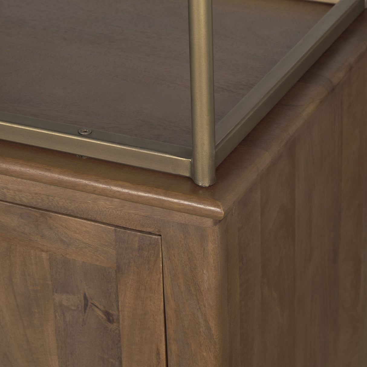 Baron 4-Door Dark Brown Wood w/ Antique Brass Metal Open Shelving Unit by Mercana at Eve Furniture