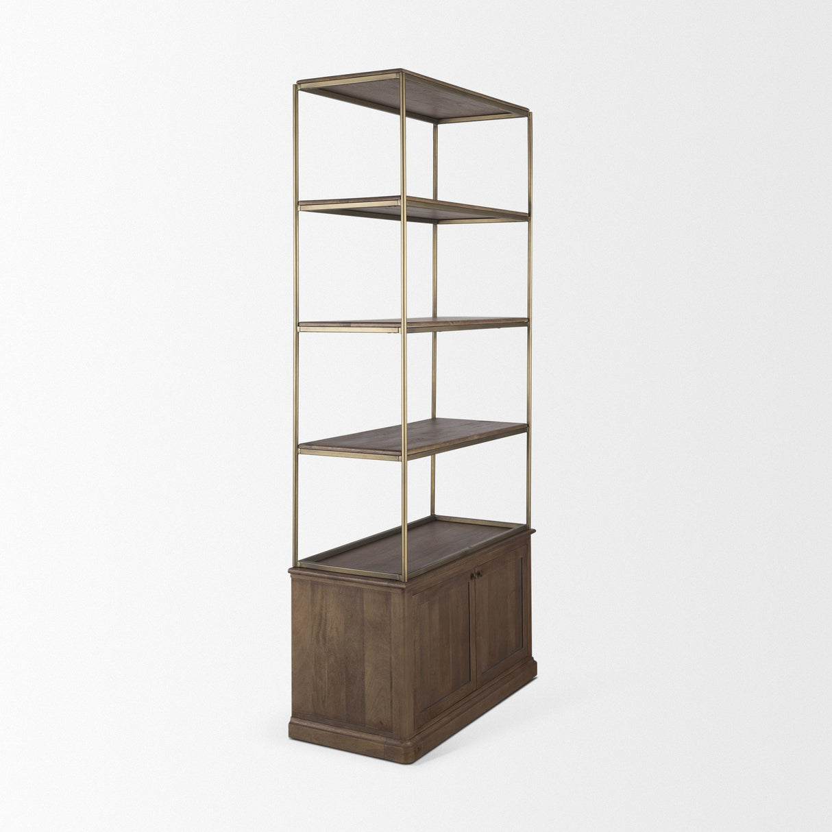 Baron Dark Brown Wood w/ Antiqued Aged Brass Metal 2-Door Open Shelving Unit by Mercana at Eve Furniture