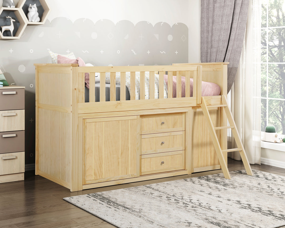 Bartly Natural Pine Low Loft Bunk with Bookcase and 2 Dressers by Homelegance at Eve Furniture