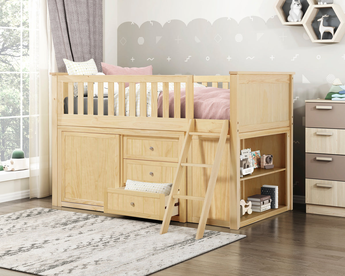 Bartly Natural Pine Low Loft Bunk with Bookcase and 2 Dressers by Homelegance at Eve Furniture