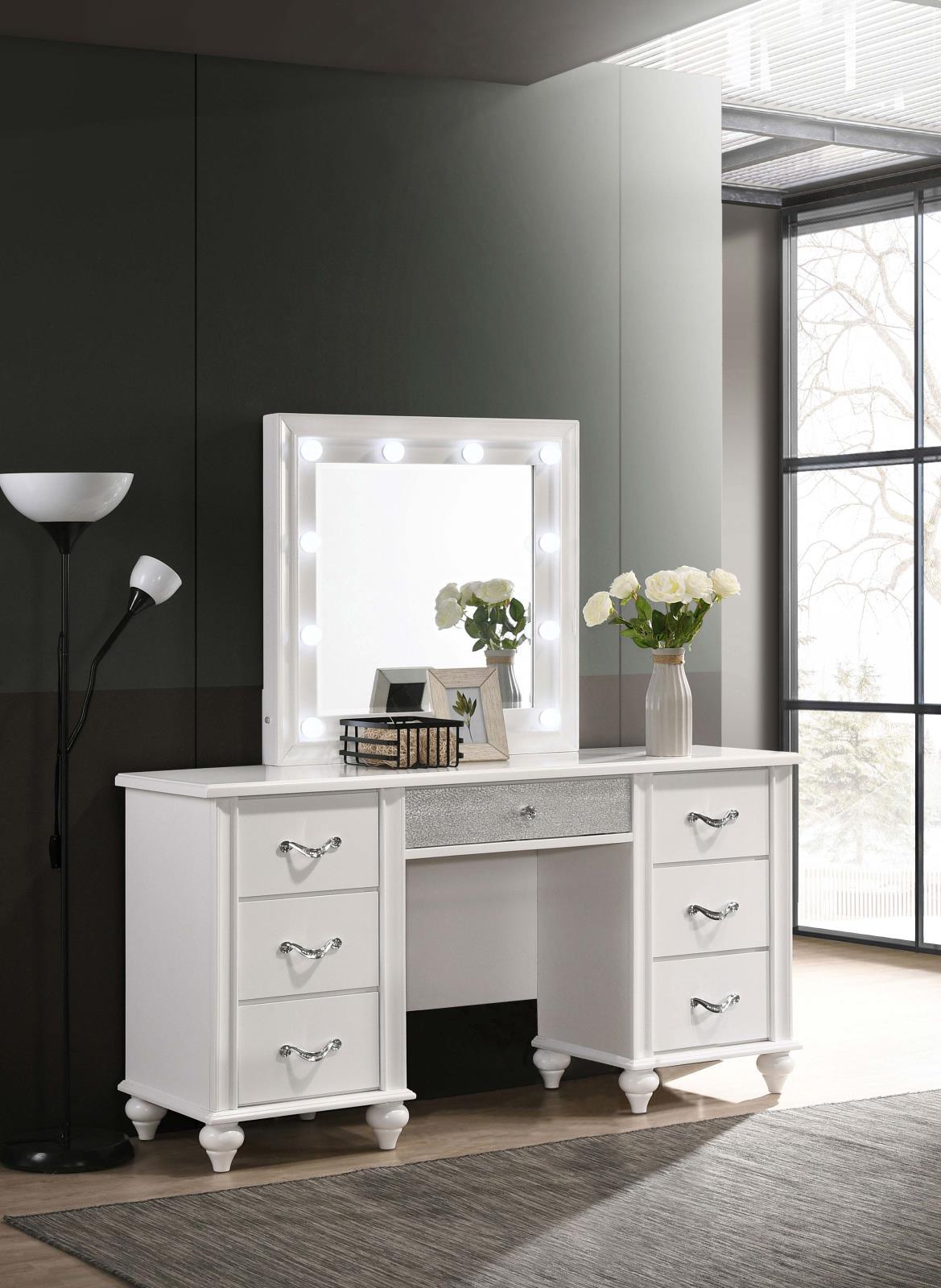 Barzini White 7-Drawer Vanity Desk with Lighted Mirror by Coaster at Eve Furniture
